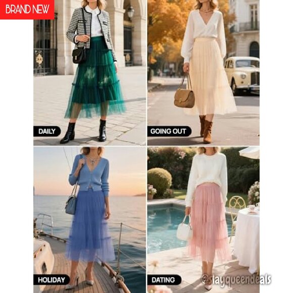 Tulle Maxi Skirt A-Line Flowy Ruffle Tiered Elastic High Waist Midi Long - Picture 7 of 8
